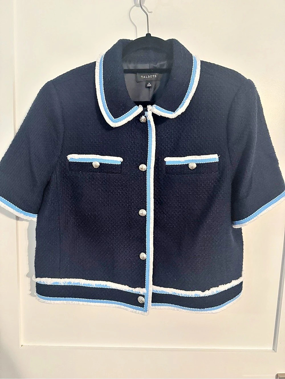 NWT $169 Talbots Amherst Tweed Fringe Jacket Navy Blue White Size 16